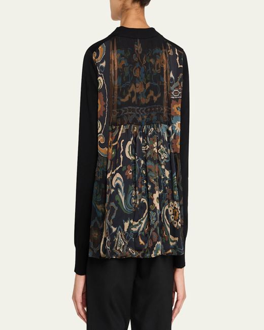 Sacai Black Hybrid Knit & Floral-Print Cardigan