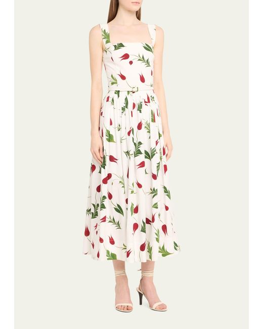 Oscar de la Renta White Marbled Tulips Cotton Poplin Square-neck Sleeveless Midi Dress With Self-belt