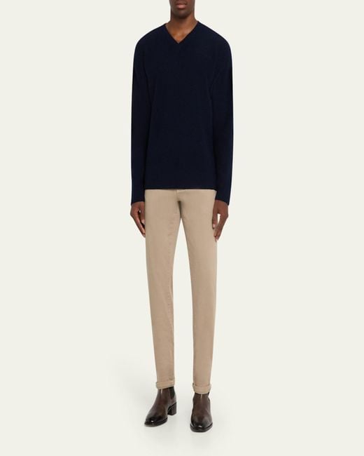 Bergdorf Goodman Blue Cashmere And Wool Rib V-Neck Sweater for men