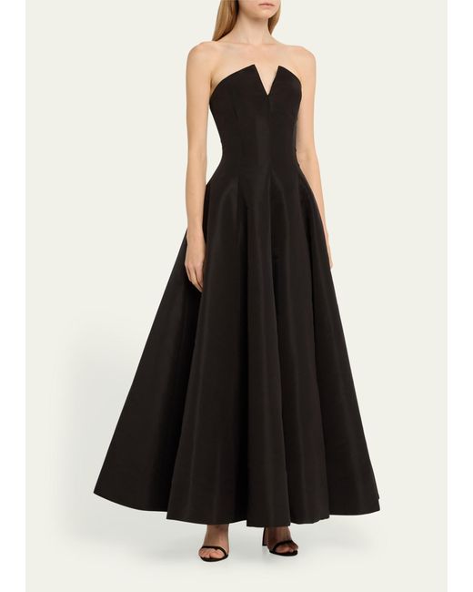 Oscar de la Renta Black Strapless Fit-&-flare Tea-length Faille Gown