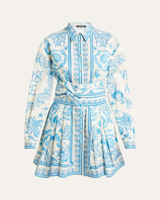 Versace Blue Pleated Baroque Scarf-Print Mini Shirtdress