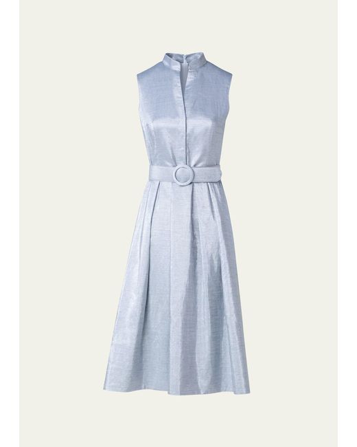 Akris Punto Blue Metallic Cotton Belted Midi Dress
