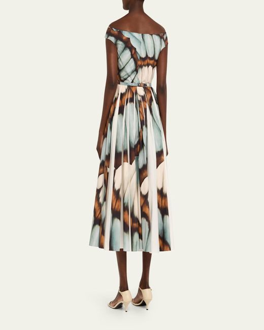 Oscar de la Renta White Off-The-Shoulder Butterfly Poplin Pleated Midi Dress With Belt