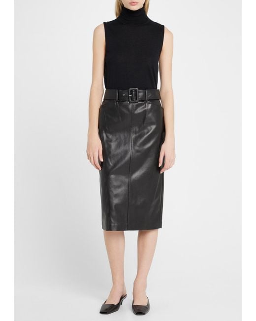 Theory Seamed Faux-leather Belted Pencil Skirt in Black | Lyst