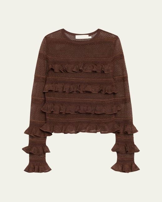 Zimmermann Brown Long-Sleeve Lace Frill Top