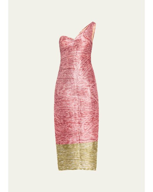 Prabal Gurung Pink Colorblock Printed Draped One-shoulder Crinkle Midi Dress