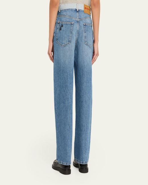 Marni Blue Embroidered Straight-Leg Denim Trousers