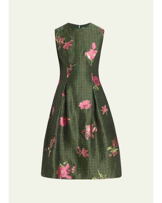 Lela Rose Green Betsy Metallic Floral Gingham Jacquard Sleeveless Dress