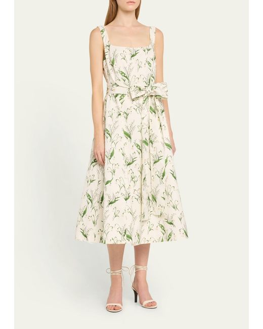 Carolina Herrera White Floral Print Midi Dress With Sash Belt