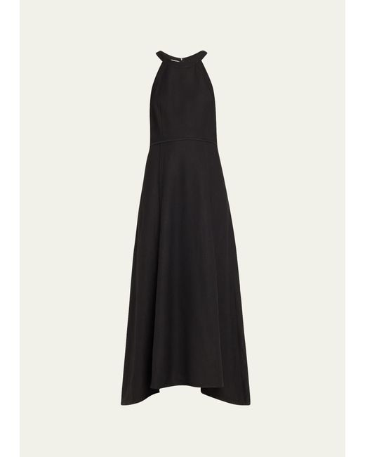 Brunello Cucinelli Black Fluid Linen Twill Maxi Dress With Monili Detail
