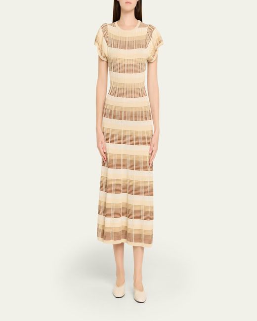 Ramy Brook Natural Rachel Plaid Knit Flutter-Sleeve Midi Dress