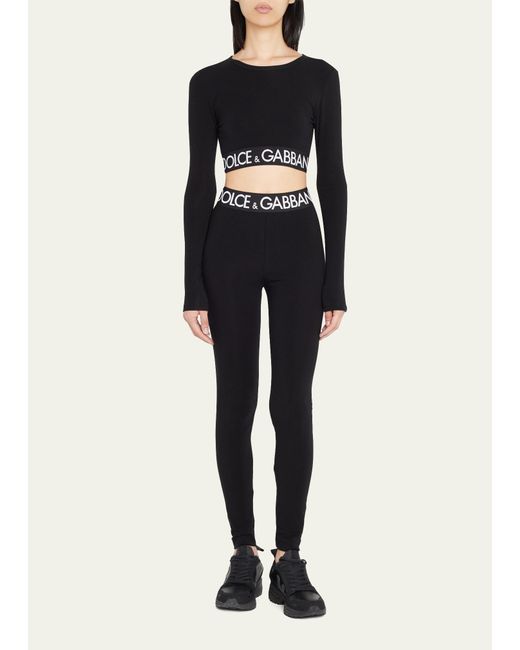 Dolce & Gabbana Black Branded Elastic Long-sleeve Crop Top