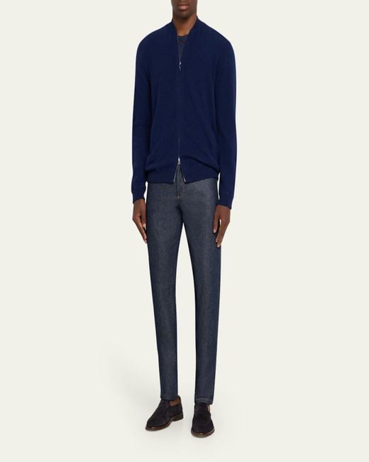 Bergdorf Goodman Blue Wool Full-Zip Baseball-Collar Sweater for men