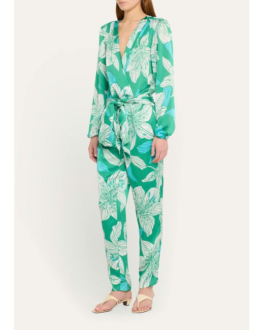 Ramy Brook Green Valery Lily-printed Satin Jumpsuit