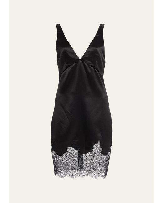 Saint Laurent Black Lace-hem Frayed Silk Mini Dress