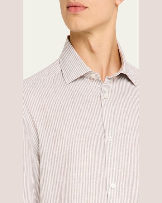 Zegna Pink Stripe Oasi Lino Casual Button-Down Shirt for men