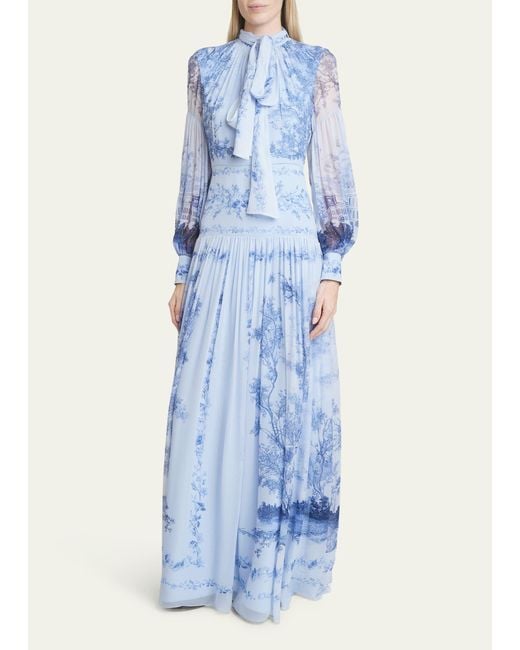 Erdem Blue Printed Scarf-neck Silk Gown