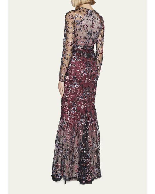 Talbot Runhof Multicolor Floral Sequin Embroidered Mesh Overlay Gown