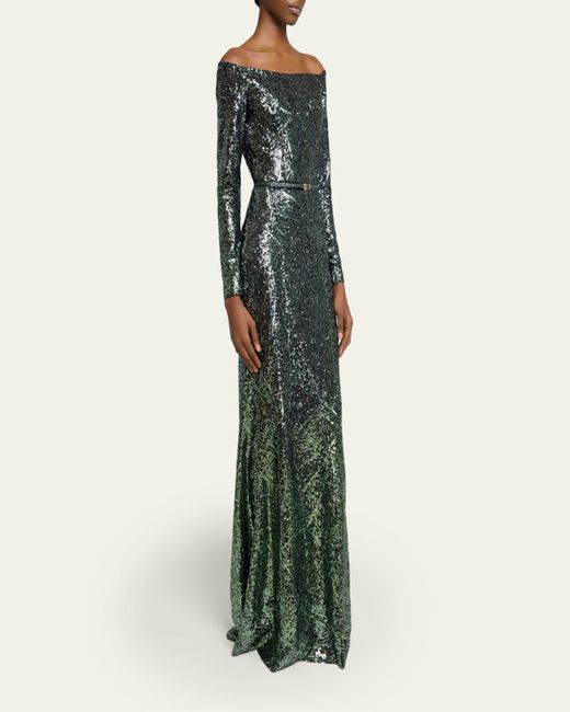 Elie Saab Green Off-The-Shoulder Ombre Sequin Trumpet Gown