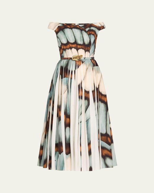 Oscar de la Renta White Off-The-Shoulder Butterfly Poplin Pleated Midi Dress With Belt