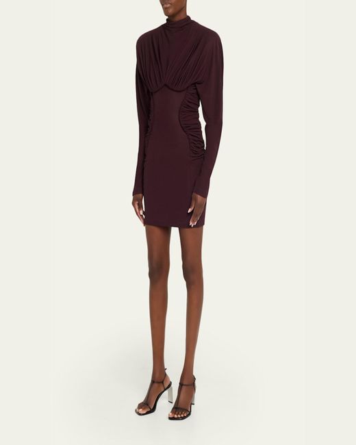 Stella McCartney Purple Pleated High-Neck Long-Sleeve Mini Dress