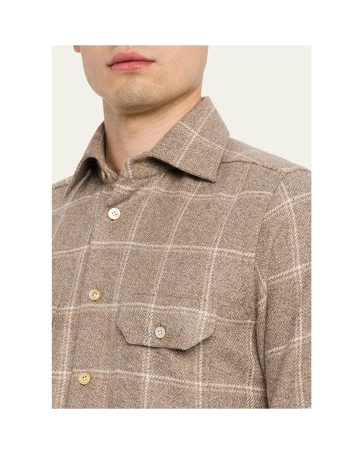 Kiton Natural Cotton Windowpane Double-Pocket Button-Down Shirt for men