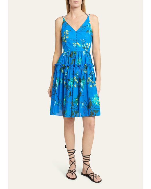 Erdem Blue Floral-print Tie-straps Tiered Sleeveless Dress