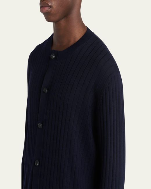 Bottega Veneta Blue Ribbed Wool Cardigan With Leather Buttons for men