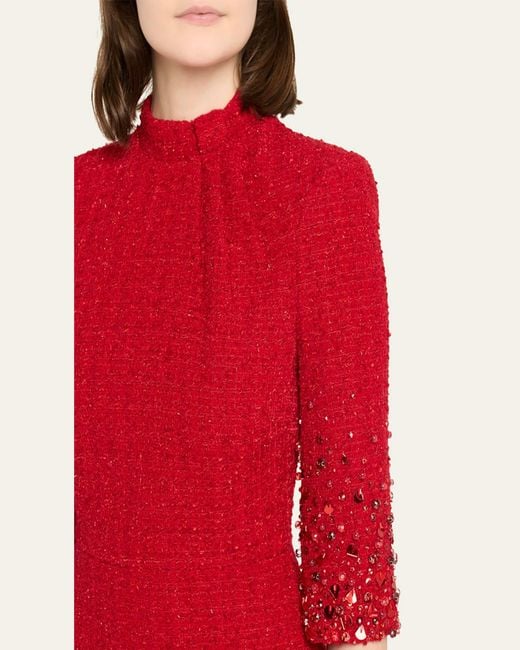 Badgley Mischka Mock-Neck Beaded Shimmer Tweed Midi Dress in Red | Lyst Badgley Mischka Mock-Neck Beaded Shimmer Tweed Midi Dress in Red | Lyst