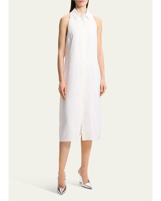 Theory White Halter Button-front Sleeveless Collared Midi Dress