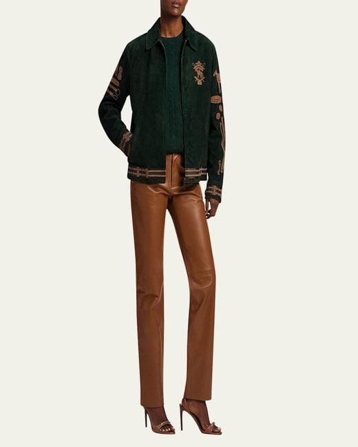 Ralph Lauren Green Jessa Equestrian-Printed Suede Coat