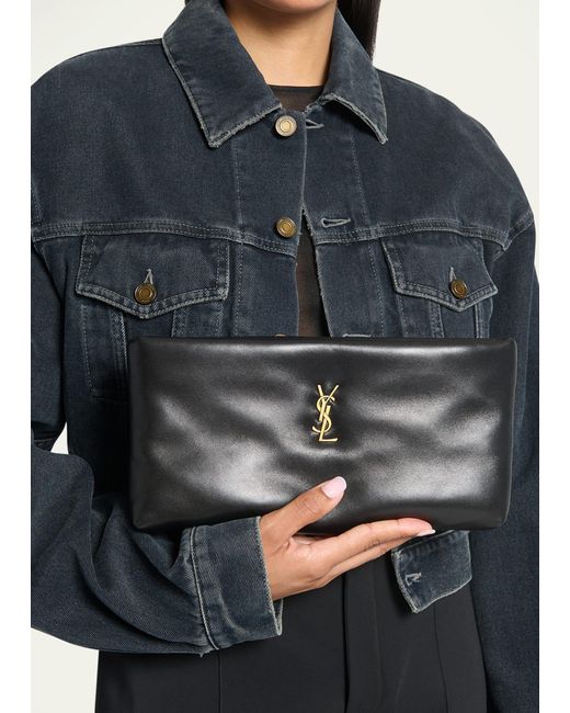 Saint Laurent Black Calypso Ziptop Ysl Clutch Bag In Smooth Padded Leather