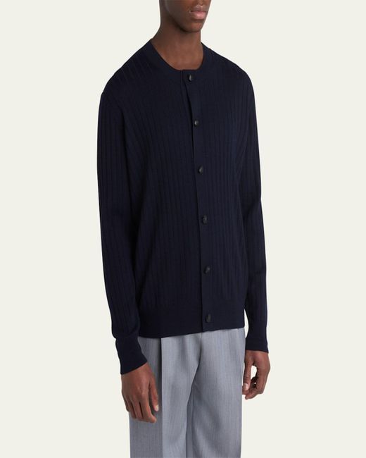 Bottega Veneta Blue Ribbed Wool Cardigan With Leather Buttons for men