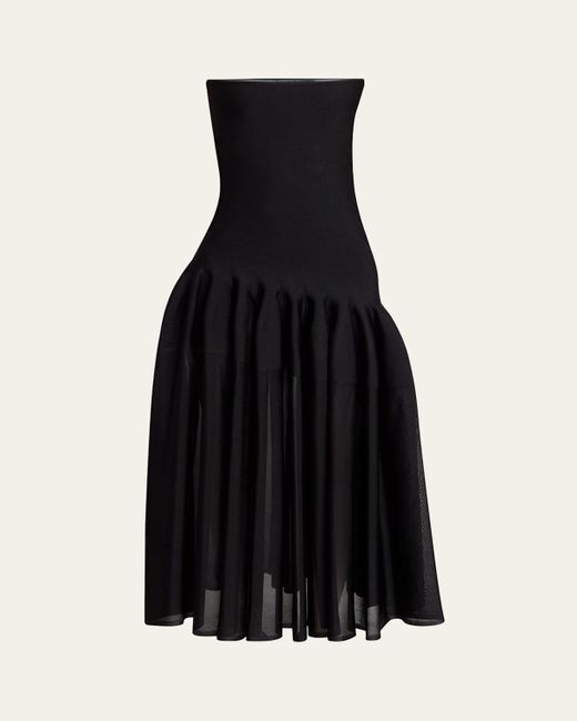 Alaïa Black Long Strapless Pleated Fit-Flare Dress