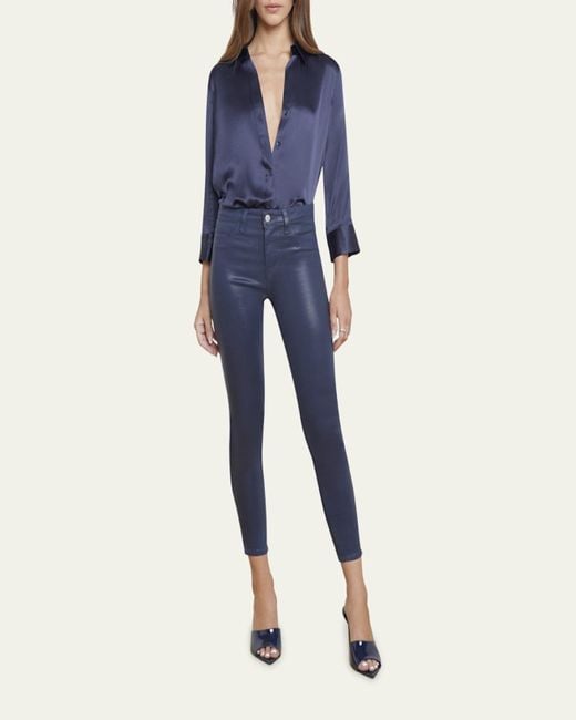 L'Agence Blue Dani Silk Satin 3/4-Sleeve Button-Down Blouse