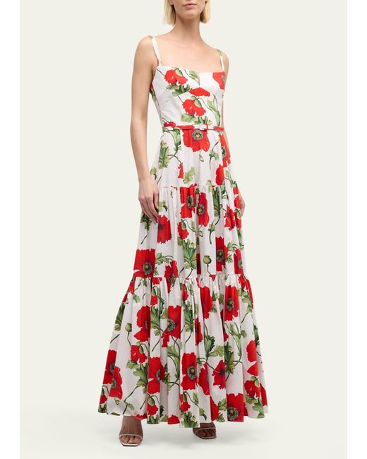 Oscar de la Renta White Poppies-print Sleeveless Belted Tiered Maxi Dress