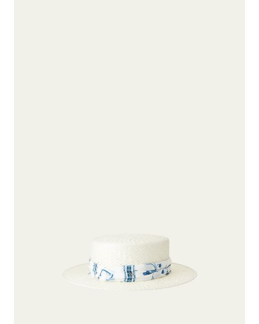 Maison Michel Natural Kiki Straw Boater Hat With Printed Scarf