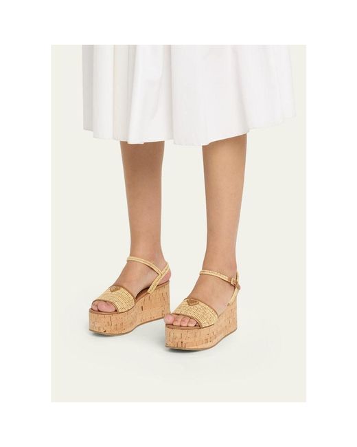 Prada Natural 75Mm Triangle Logo Raffia Platform Sandals