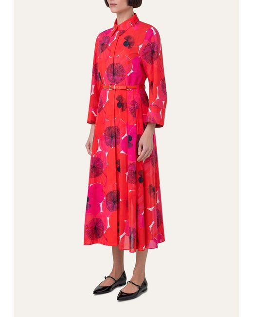 Akris Red Poppies Print Belted Midi Dress