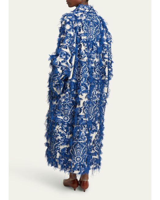 Erdem Blue Long Oversized Embroidered Fringe Coat