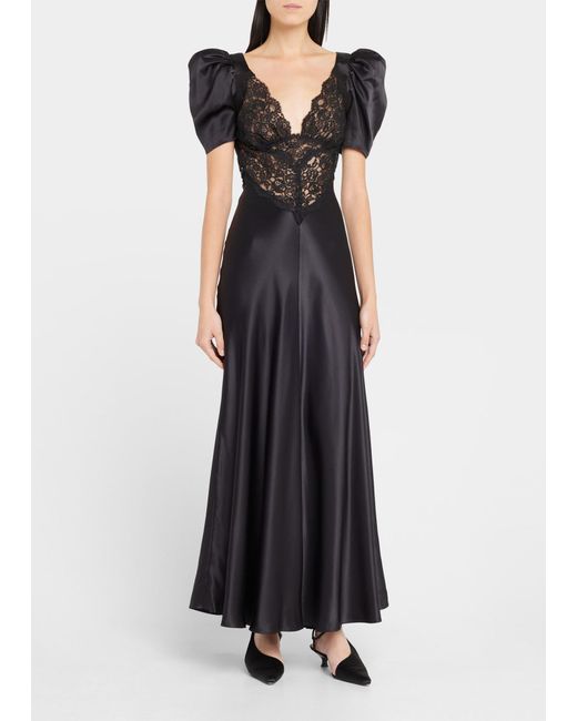 Rodarte Black Lace Puff-sleeve Silk Dress