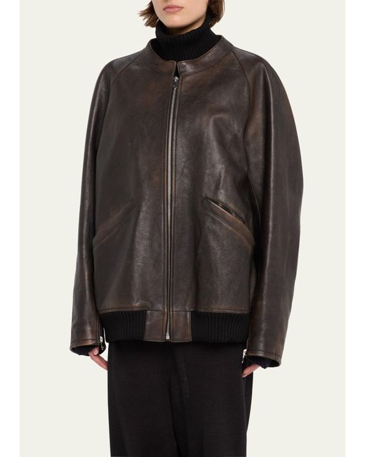 The Row Black Kengia Leather Bomber Jacket