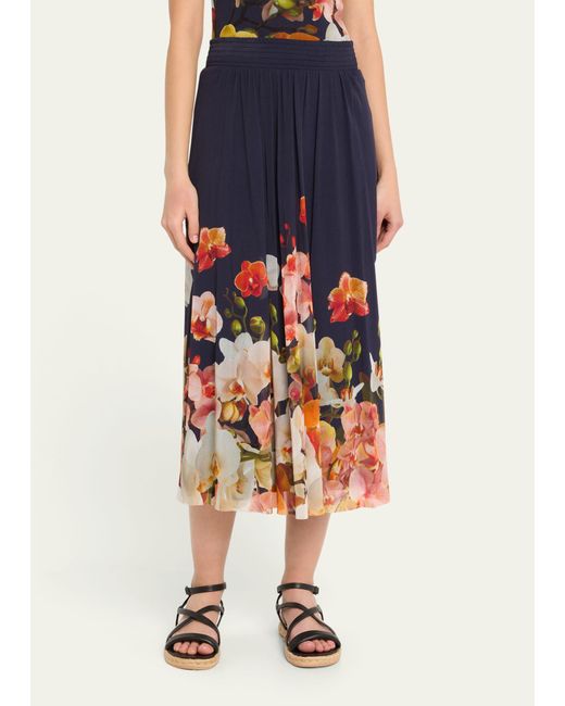 Fuzzi Blue Floral-print A-line Tulle Midi Skirt