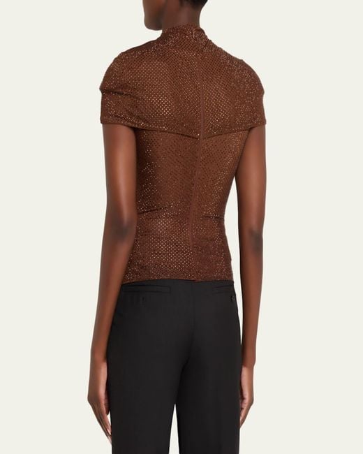 Self-Portrait Brown Rhinestone Cutout Mesh Top
