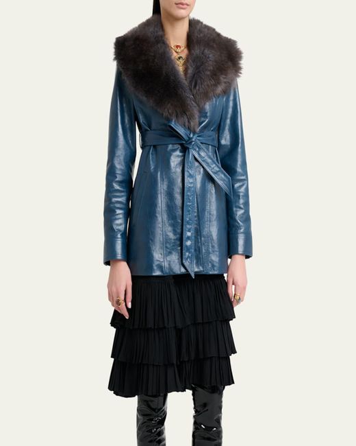 Chloé Blue Lamb Shearling Collar Shiny Leather Short Wrap Coat