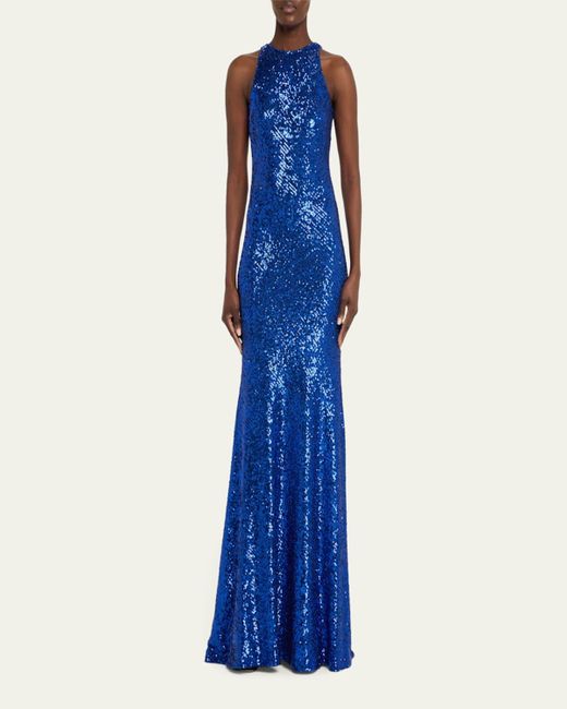 Naeem Khan Blue Ombre Stretch Sequin Halter Gown