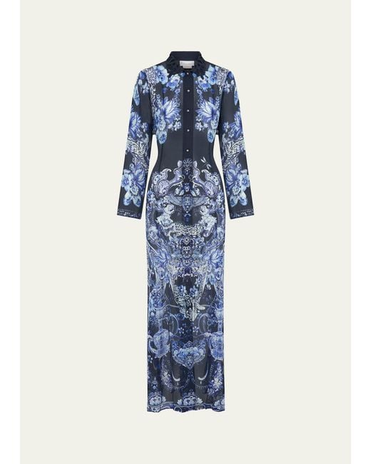 Camilla Blue Delft Dynasty Chiffon Maxi Dress With Cutwork Lace Collar