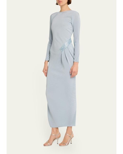 Giorgio Armani Blue Plisse Jersey Gown With Beaded Hip Detail