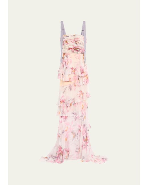 Bach Mai Pink Pintucked Floral Print Bustier Gown With Bow Details