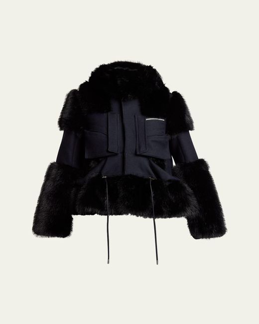Sacai Black Faux-Fur Trim Wool Utility Jacket